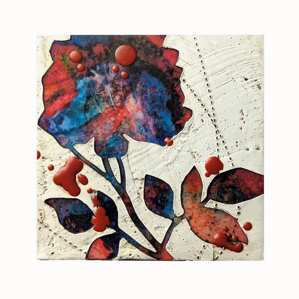Bloom No. 15, small mixed media painting by artist Sarah Treanor. Red and blue textural, floral artwork created with digital prints of the  artist's cyanotypes and eco prints underneath layers of encaustic paint, with splatters of red encaustic on top.