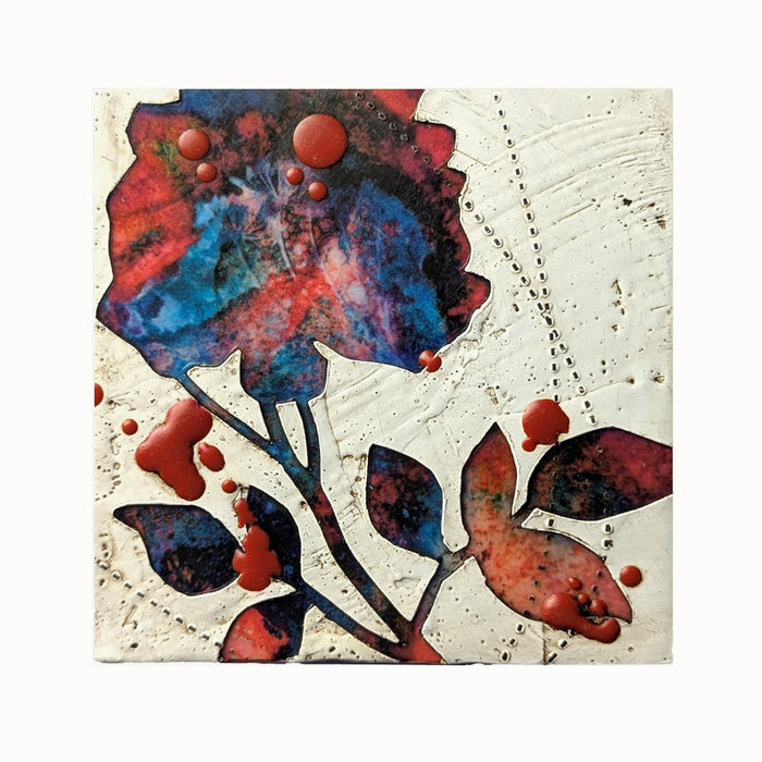 Bloom No. 15, small mixed media painting by artist Sarah Treanor. Red and blue textural, floral artwork created with digital prints of the  artist's cyanotypes and eco prints underneath layers of encaustic paint, with splatters of red encaustic on top.