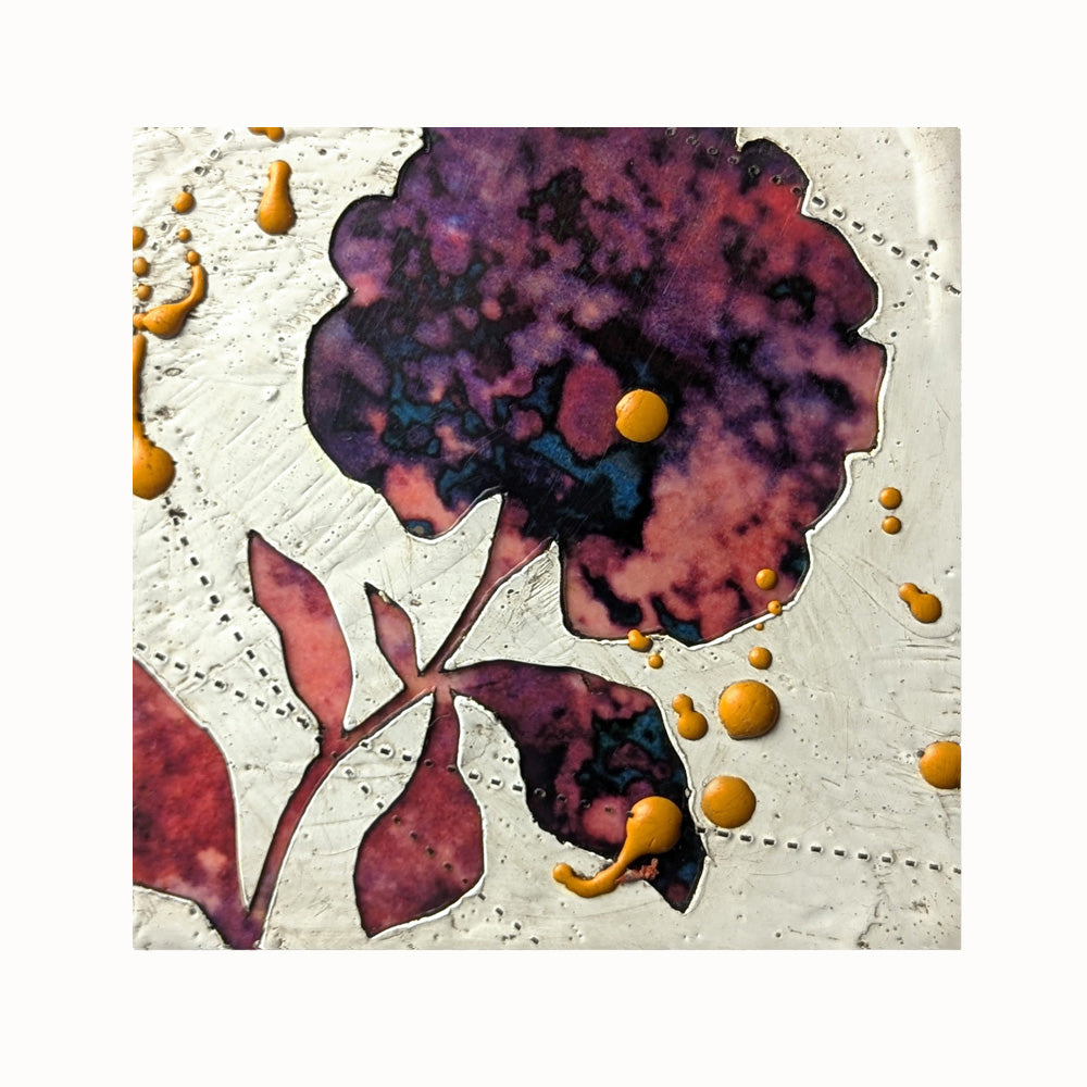 Bloom No. 16, small mixed media painting by artist Sarah Treanor. Red and purple textural, floral artwork created with digital prints of the  artist's cyanotypes and eco prints underneath layers of encaustic paint, with splatters of orange encaustic on top.
