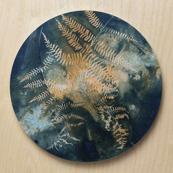 "Cosmic Woodland" fern and nigh sky inspired eco-printed cyanotype artwork by Sarah Treanor.