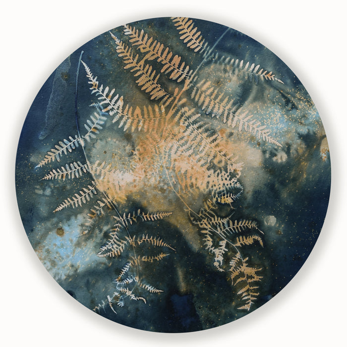 "Cosmic Woodland" fern and nigh sky inspired eco-printed cyanotype artwork by Sarah Treanor.