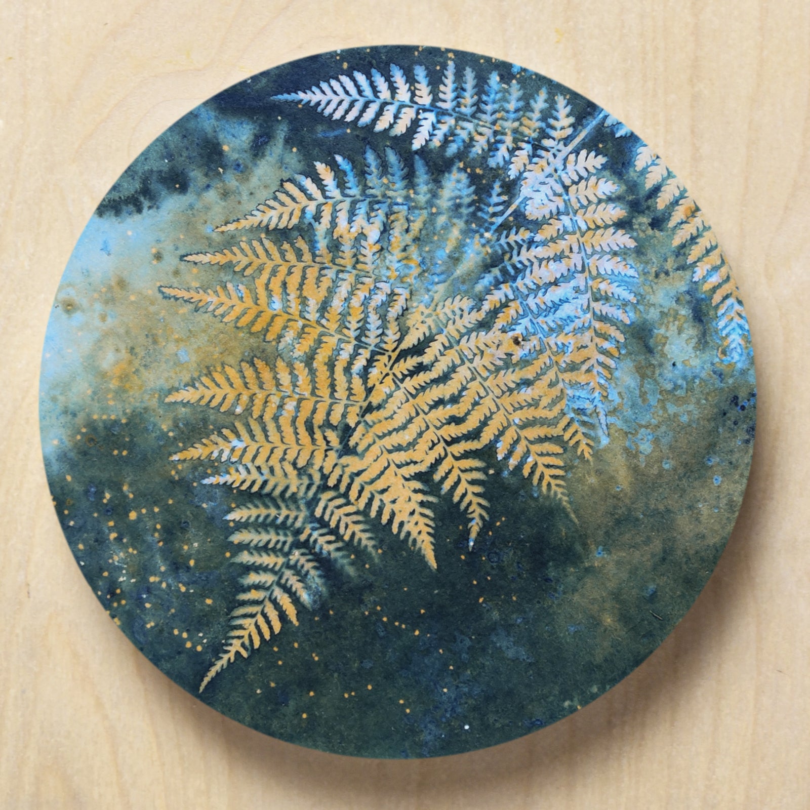 "Galaxy Echoes" fern and nigh sky inspired eco-printed cyanotype artwork by Sarah Treanor.