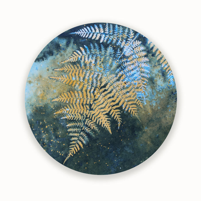 "Galaxy Echoes" fern and nigh sky inspired eco-printed cyanotype artwork by Sarah Treanor.