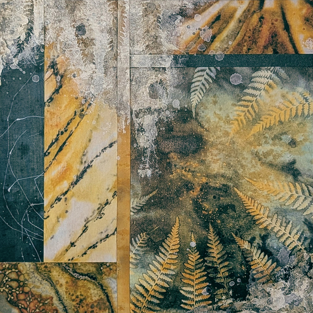 "Sacred Seeds" mixed media, abstracted wall art by Sarah Treanor. 10 x 10" nature inspired cyanotype, eco-print and acrylic artwork with ferns, in earthy blues, yellow golds, grays and creams. 