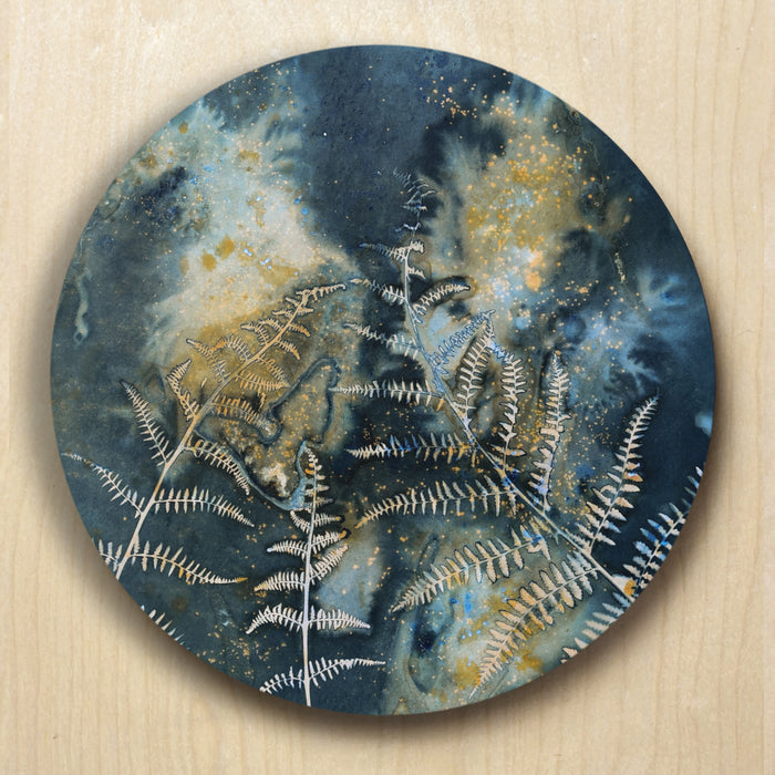 "Growing by Starlight" fern and nigh sky inspired eco-printed cyanotype artwork by Sarah Treanor.