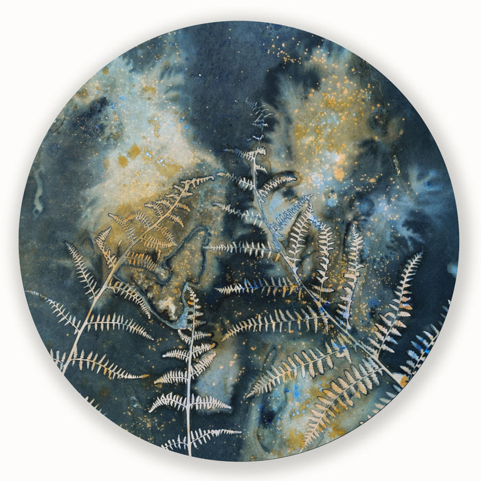 "Growing by Starlight" fern and nigh sky inspired eco-printed cyanotype artwork by Sarah Treanor.