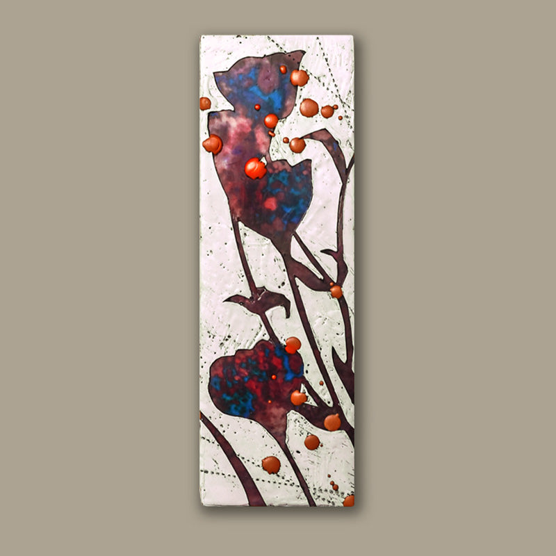 Luna Poppied mixed media flower painting by Sarah Treanor, with purple, blue and orange details. Shown on tan wall.