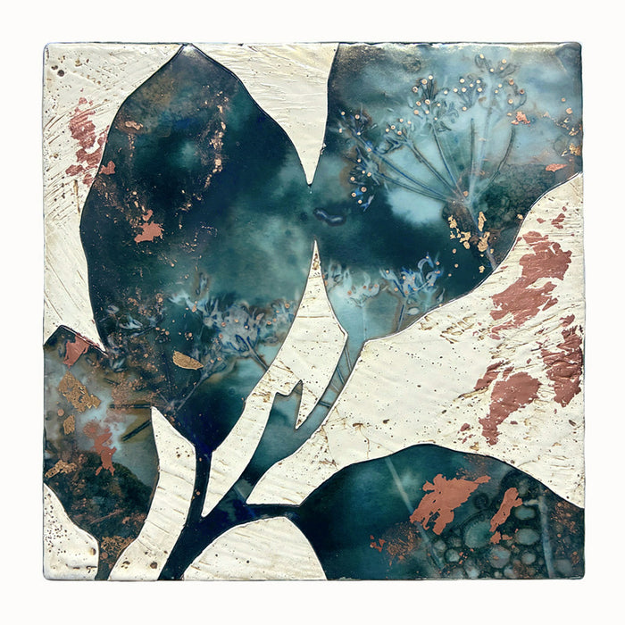 Midnight Embers III mixed media encaustic leaf artwork in rich blues with gold and copper leaf details.