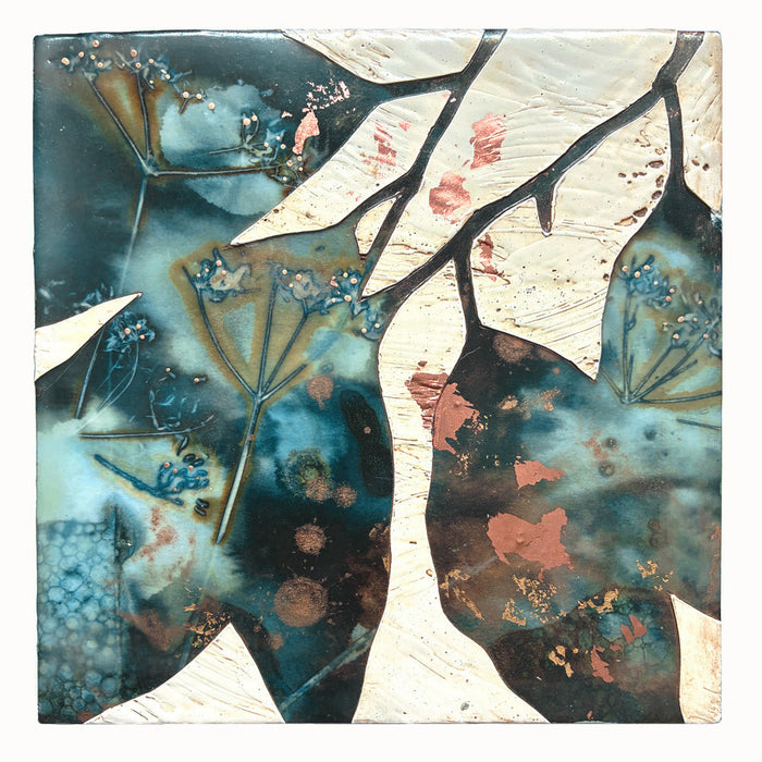 Midnight Embers II mixed media encaustic leaf artwork in rich blues with gold and copper leaf details.