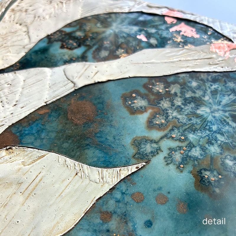 Midnight Embers IV mixed media and encaustic leaf painting with copper and gold leaf details. Close up view. 