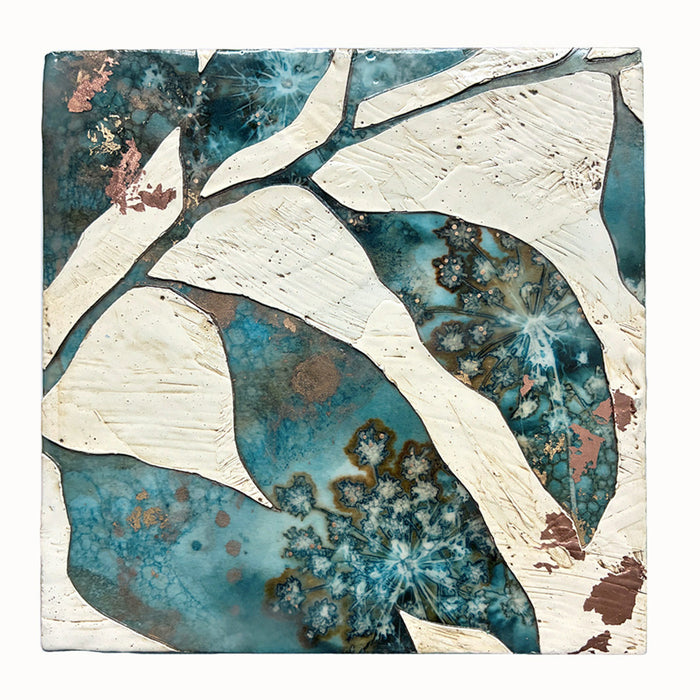 Midnight Embers IV mixed media and encaustic leaf painting with copper and gold leaf details. 