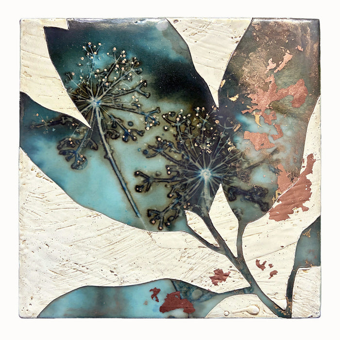 Midnight Embers I mixed media encaustic leaf artwork in rich blues with gold and copper leaf details.