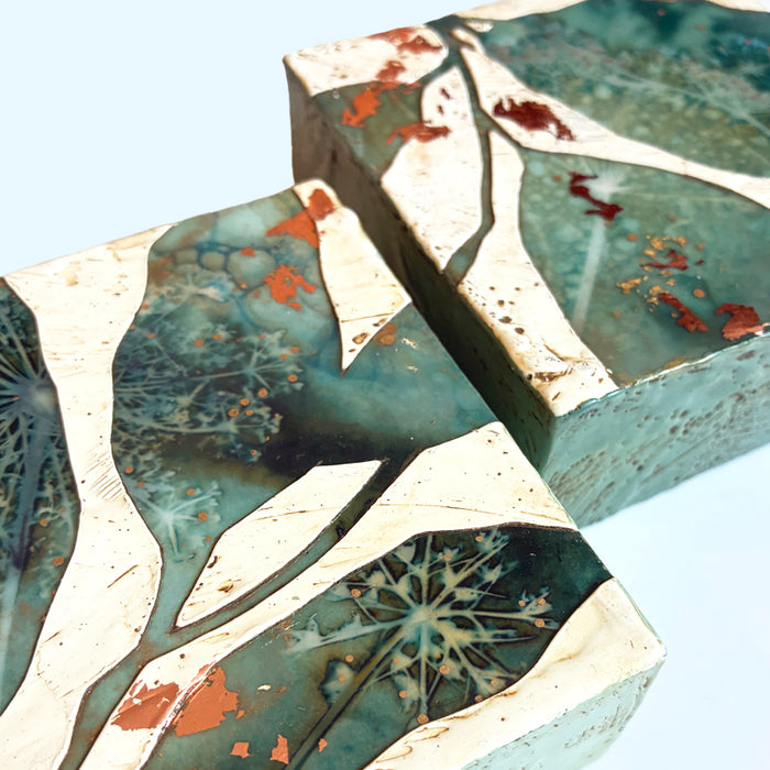 Midnight Embers series - two small mixed media encaustic paintings with gold and copper leaf details. 