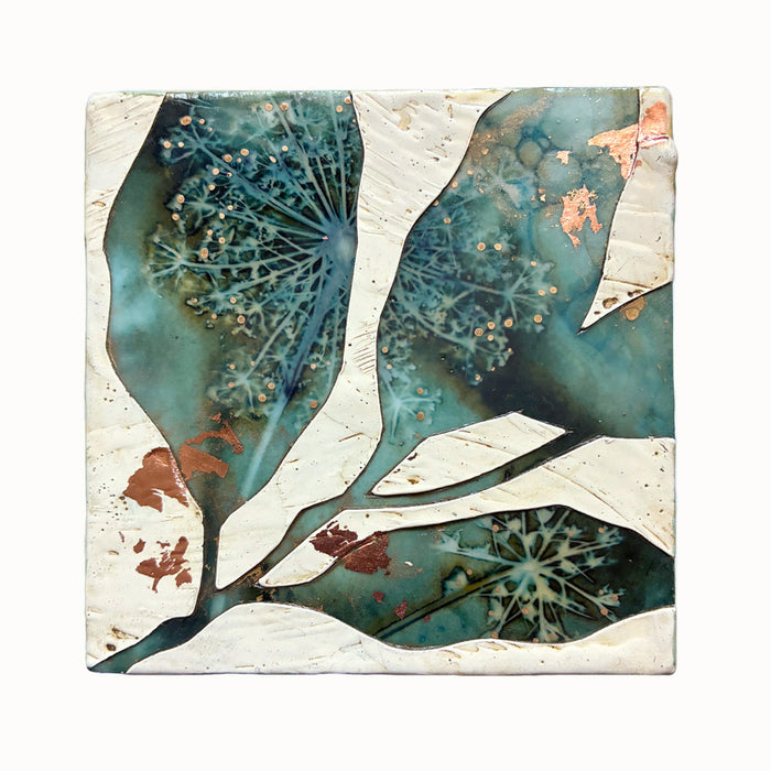 Midnight Embers VI mixed media encaustic leaf artwork in rich blues with gold and copper leaf details.