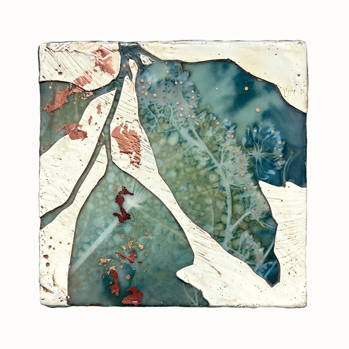Midnight Embers V mixed media encaustic leaf artwork in rich blues with gold and copper leaf details.