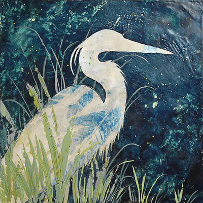 A white heron sitting among green leaves under a dark blue sky. Encaustic and eco print artwork by Sarah Treanor at Lark & Key, Charlotte NC.