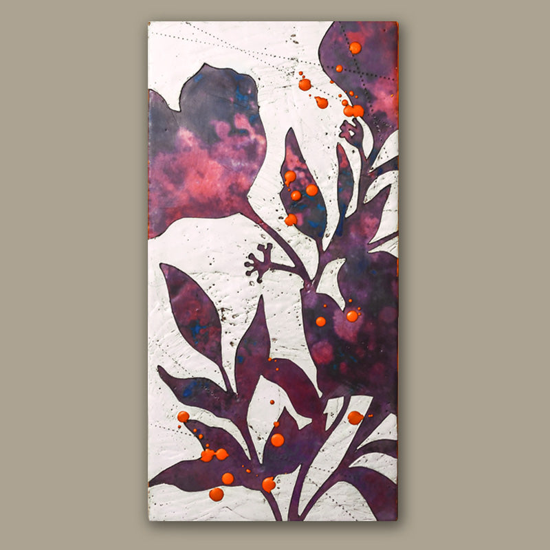 Moondust Flower, mixed media encaustic painting by Sarah Treanor in purple and orange. Shown on tan wall.