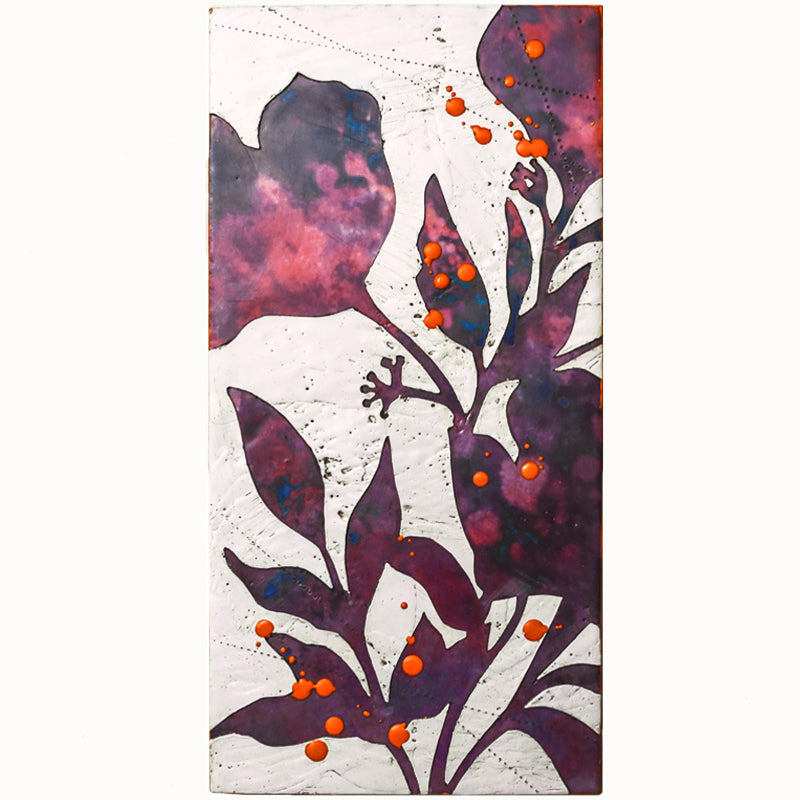 Moondust Flower, mixed media encaustic painting by Sarah Treanor in purple and orange.