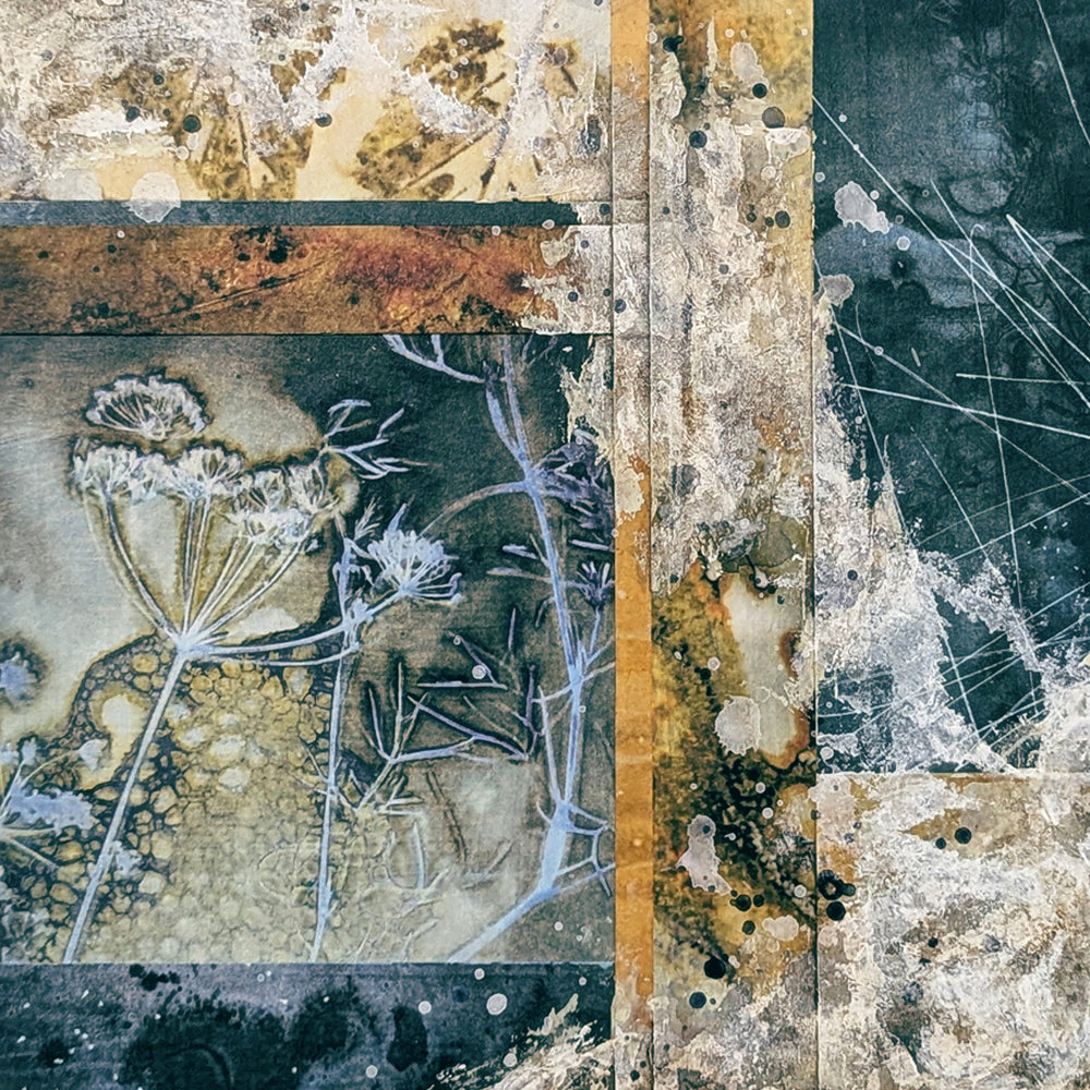 "Sacred Seeds" mixed media, abstracted wall art by Sarah Treanor. 10 x 10" nature inspired cyanotype, eco-print and acrylic artwork with botanical detail in earthy blues, yellow golds, grays and creams. 