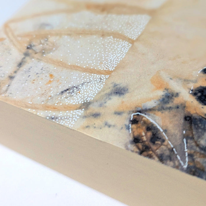 "Summer Blues" 8 x 8" eco-printed leaf artwork by artist Sarah Treanor. Detail.