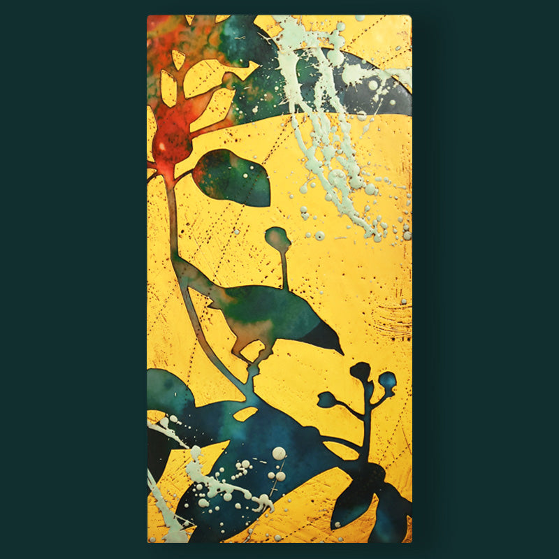 The Prairie Keepers No. 1 - Colorful, abstracted, textural bird and foliage artwork on a yellow background by artist Sarah Treanor.  Shown on dark teal wall. 