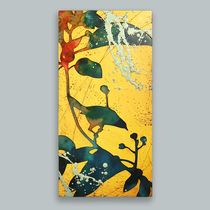 The Prairie Keepers No. 1 - Colorful, abstracted, textural bird and foliage artwork on a yellow background by artist Sarah Treanor. Displayed on pale blue wall. 