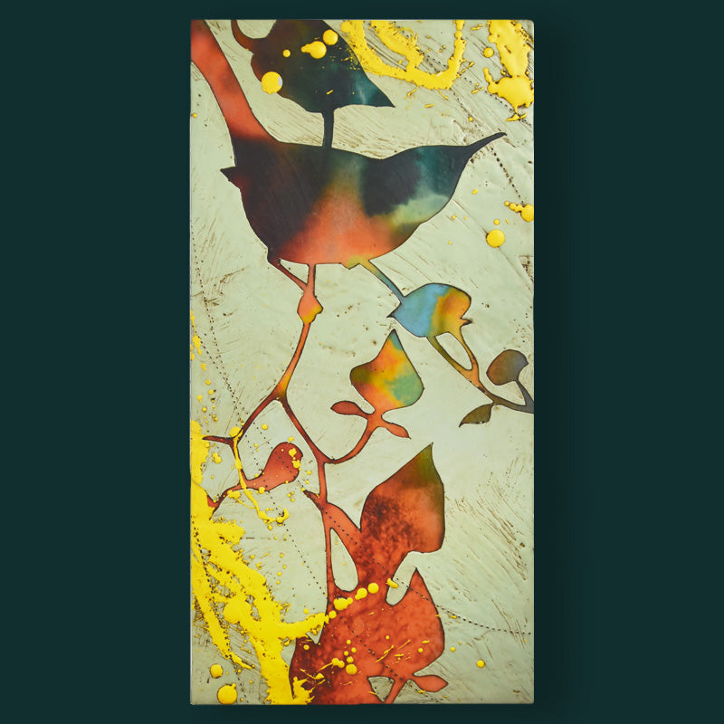 The Prairie Keepers No. 2 - Colorful, abstracted, textural bird and foliage artwork on a pale, muted green background by artist Sarah Treanor.  Shown on dark teal wall. 