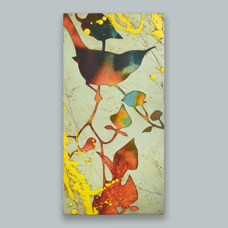 The Prairie Keepers No. 2 - Colorful, abstracted, textural bird and foliage artwork on a pale, muted green background by artist Sarah Treanor. Displayed on pale blue wall.