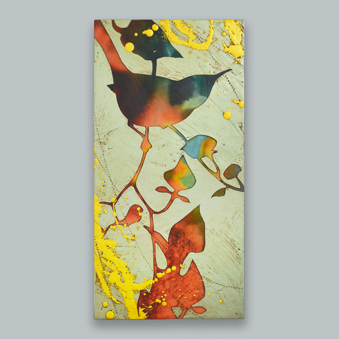 The Prairie Keepers No. 2 - Colorful, abstracted, textural bird and foliage artwork on a pale, muted green background by artist Sarah Treanor. Displayed on pale blue wall.