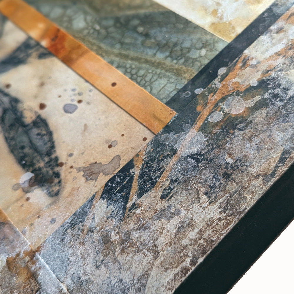 "Veil of the Underwood" mixed media, abstracted wall art by Sarah Treanor. 12 x 6" nature inspired cyanotype, eco-print and acrylic artwork in earthy blues, yellow golds, grays  and creams. Detail shown.