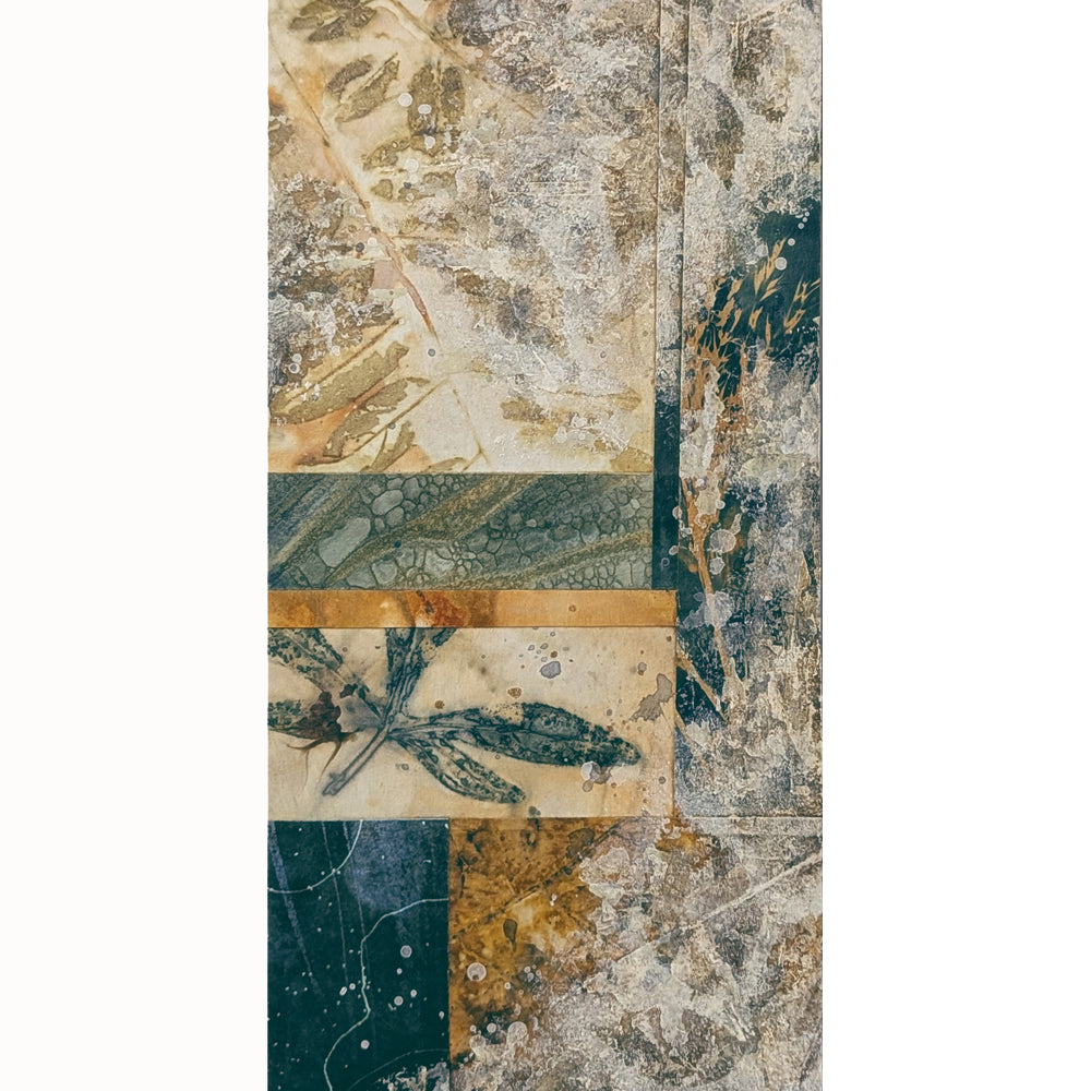 "The Wellspring" mixed media, abstracted wall art by Sarah Treanor. 12 x 6" nature inspired cyanotype, eco-print and acrylic artwork in earthy blues, yellow golds, grays and creams. 