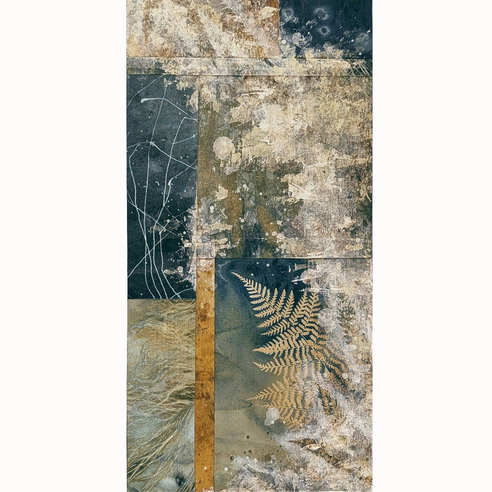 "Veil of the Underwood" mixed media, abstracted wall art by Sarah Treanor. 12 x 6" nature inspired cyanotype, eco-print and acrylic artwork with fern detail  in earthy blues, yellow golds, grays and creams. 