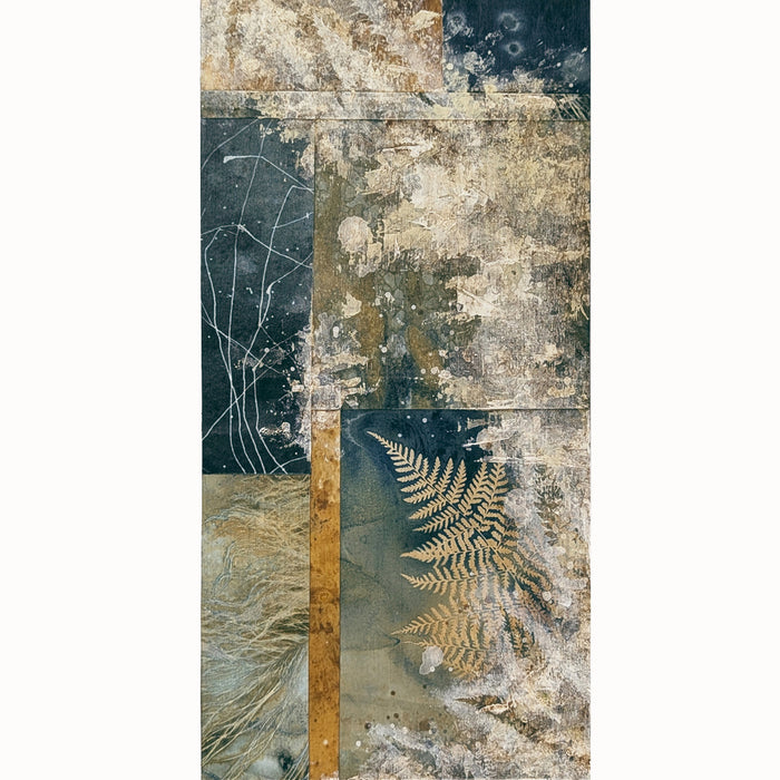 "Veil of the Underwood" mixed media, abstracted wall art by Sarah Treanor. 12 x 6" nature inspired cyanotype, eco-print and acrylic artwork with fern detail  in earthy blues, yellow golds, grays and creams. 