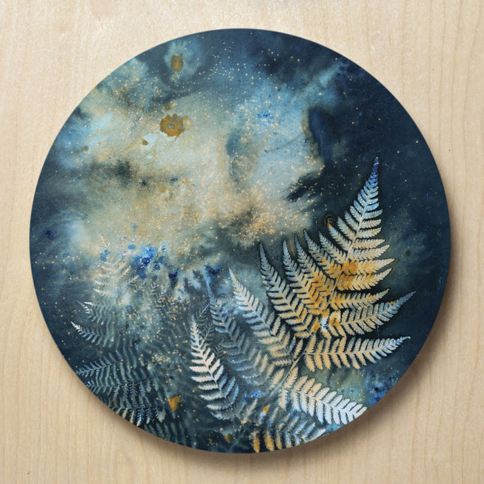 "Growing by Starlight" fern and nigh sky inspired eco-printed cyanotype artwork by Sarah Treanor.