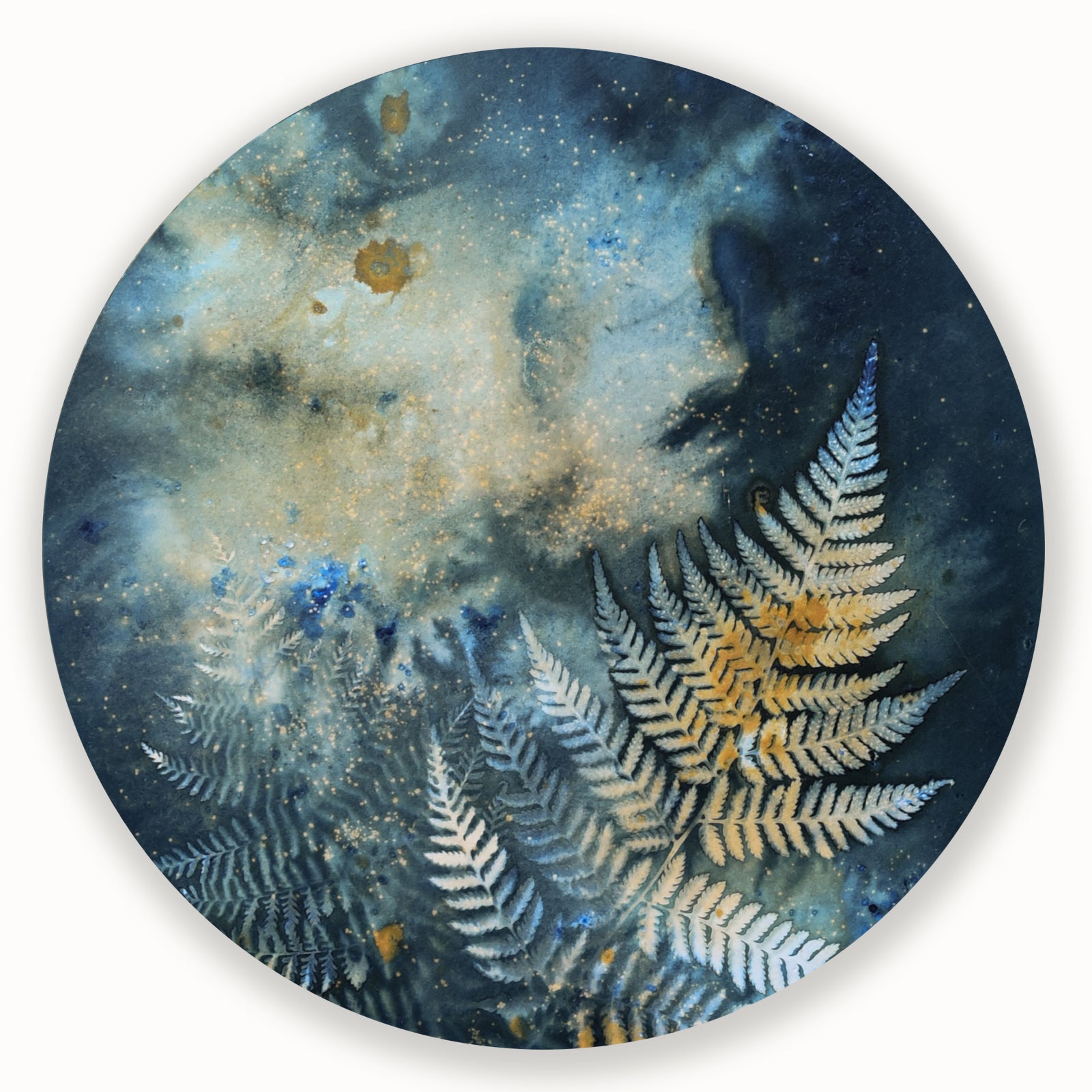 "Woodland Stardust" fern and nigh sky inspired eco-printed cyanotype artwork by Sarah Treanor.