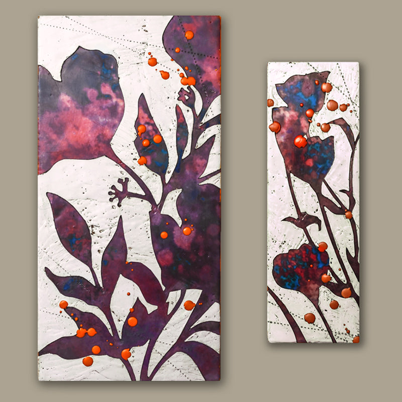 Mixed media flower paintings by Sarah Treanor, with purple, blue and orange details.