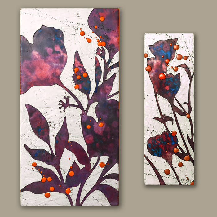 Mixed media flower paintings by Sarah Treanor, with purple, blue and orange details.