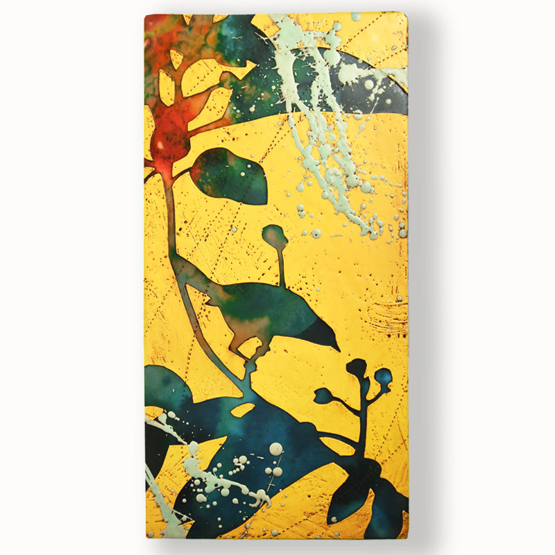 The Prairie Keepers No. 1 - Colorful, abstracted, textural bird and foliage artwork on a yellow background by artist Sarah Treanor. 