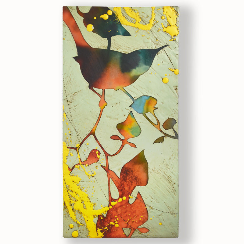The Prairie Keepers No. 2 - Colorful, abstracted, textural bird and foliage artwork on a pale, muted green background by artist Sarah Treanor. 