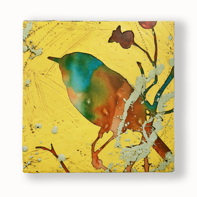 The Prairie Keepers No. 3 - Colorful, abstracted, textural bird and foliage artwork on a yellow background by artist Sarah Treanor. 