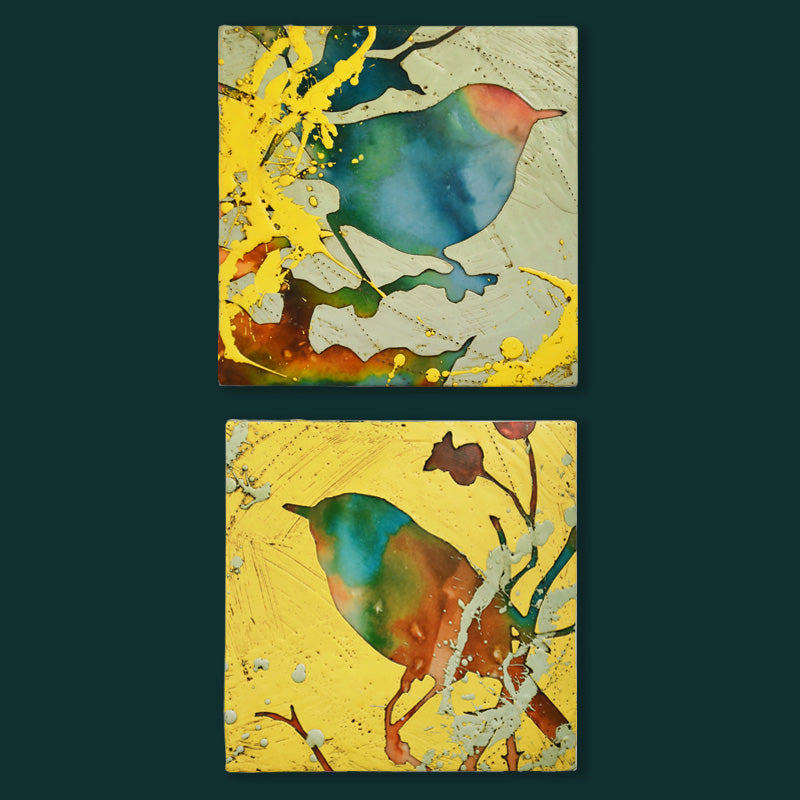 Colorful, abstracted, textural bird and foliage artwork by artist Sarah Treanor.  Shown on dark teal wall. 