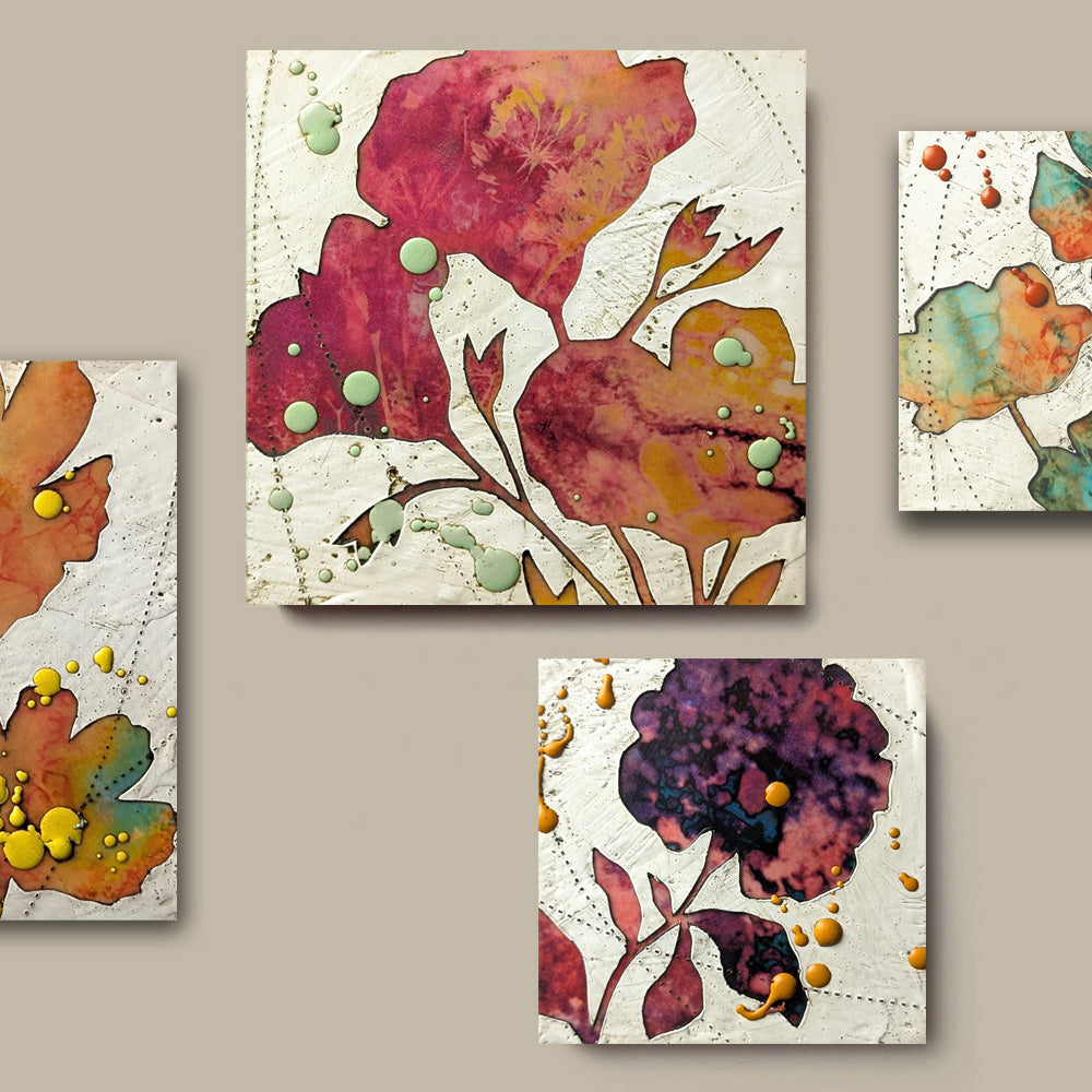 Small mixed media paintings by artist Sarah Treanor. Textural, floral artwork created with digital prints of the  artist's cyanotypes and eco prints underneath layers of encaustic paint, with splatters of encaustic on top.