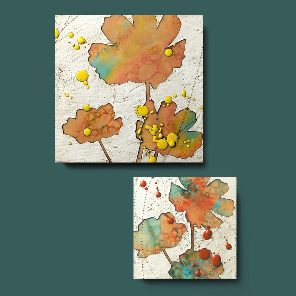 Two small mixed media paintings by artist Sarah Treanor. Orange and aqua textural, floral artwork created with digital prints of the  artist's cyanotypes and eco prints underneath layers of encaustic paint, with splatters of encaustic on top.