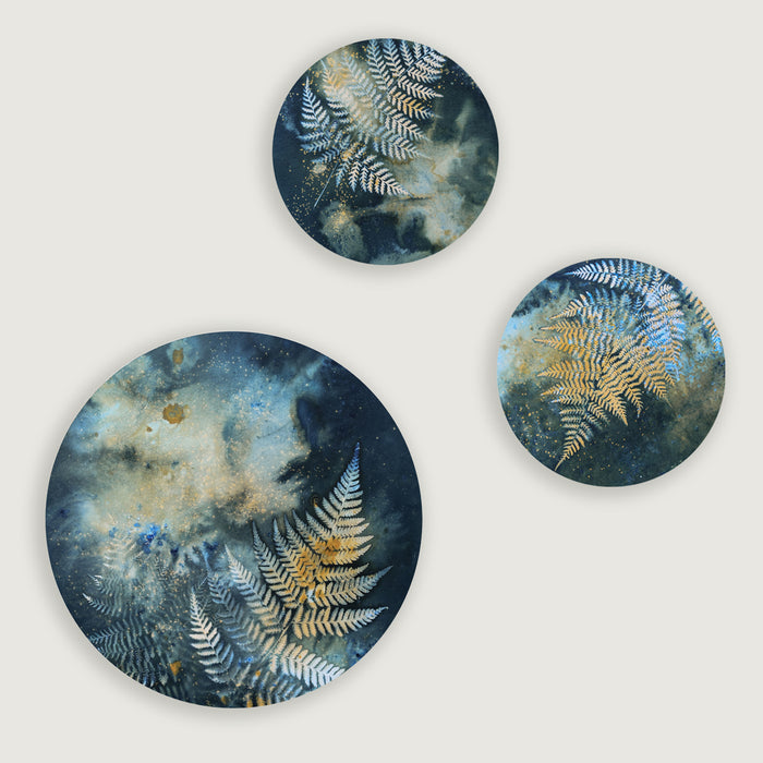 Group of three fern and night sky inspired eco-printed cyanotypes by artist Sarah Treanor. Available at larkandkey.com, Charlotte NC.