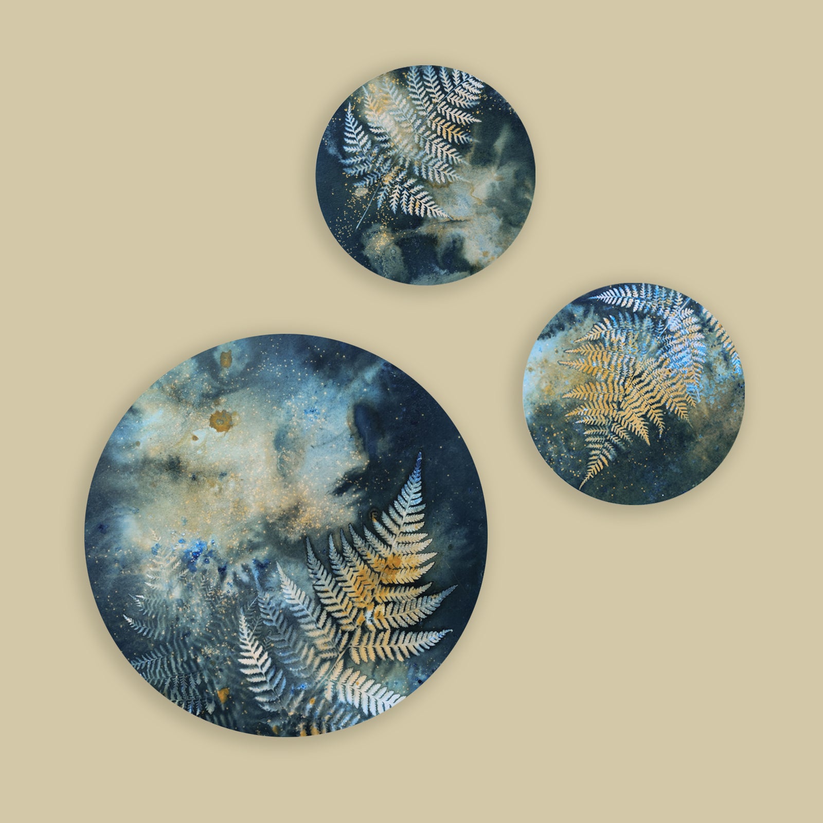 Group of three fern and night sky inspired eco-printed cyanotypes by artist Sarah Treanor. Available at larkandkey.com, Charlotte NC.