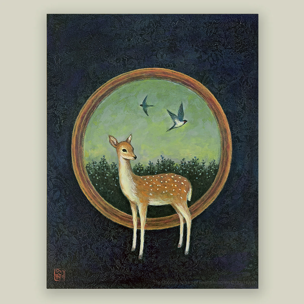 "The Obscure Nature of Fawn Memories" painting by Duy Huynh. 14 x 11" acrylic on wood. A fawn, swallows and forget-me-not flowers. Painting shown on beige wall.