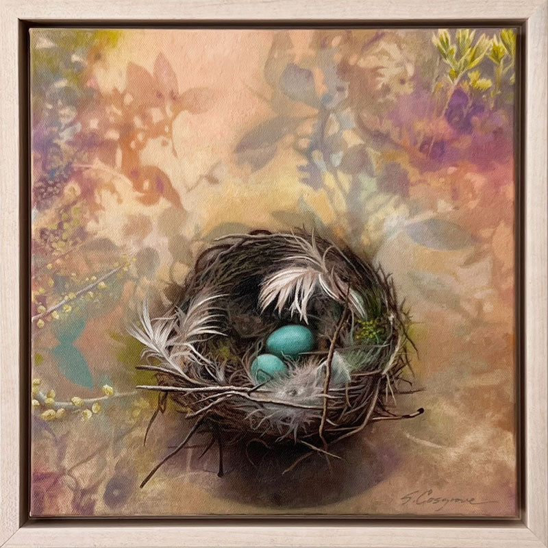 Oil painting depicting a bird's nest with two blue eggs, surrounded by soft botanical. Artwork by Sharon Cosgrove, set in a maple hardwood frame.