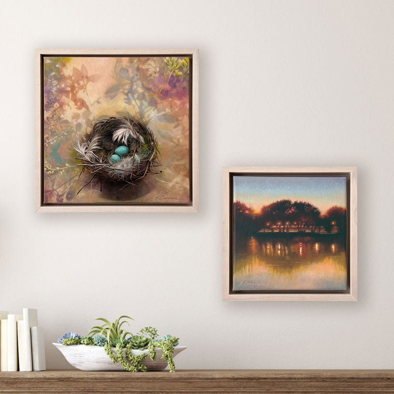 Artwork by Sharon Cosgrove. One bird nest painting and one river landscape with trees, in soft soothing colors. 