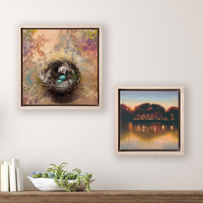 Artwork by Sharon Cosgrove. One bird nest painting and one river landscape with trees, in soft soothing colors. 