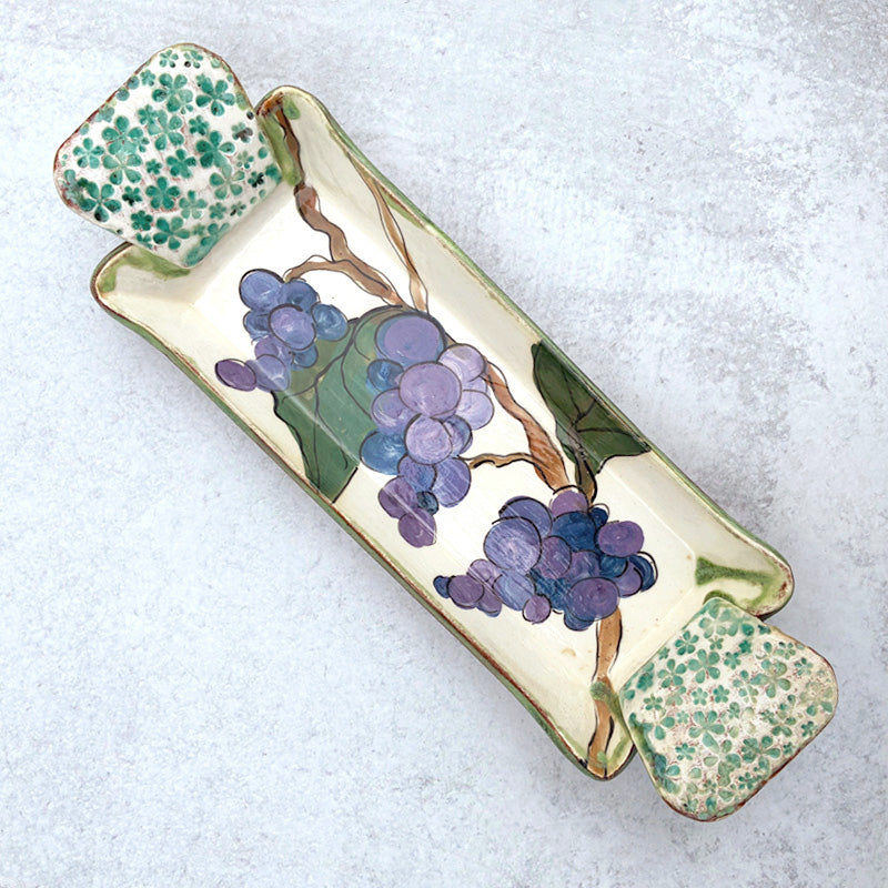 Small handmade serving tray by Molly Lithgo. White with purple grapes and vine decoration. 